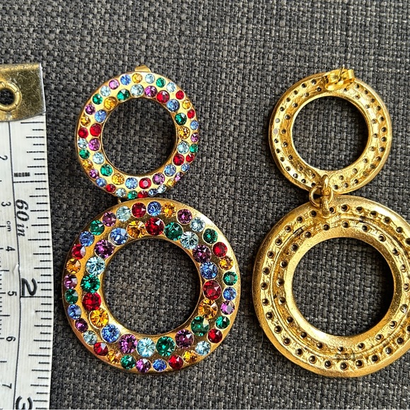 Multi Color Sparkly Rhinestone Dangle Earrings Rose Gold Tone Jewel Tones Runway - Picture 4 of 9